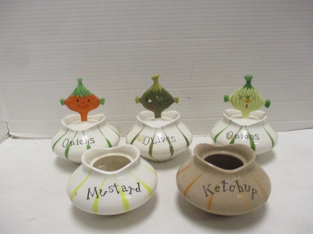 1958 Holt T. Howard Novelty Condiment Jars: 5 1/2"h, some crazing and few small chips, two missing lids