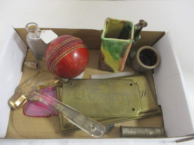 Vintage Glass Souvenir Axe, Brass Name Plates, English Leather Yard Bowling Ball,: Pottery Creamer, Beaumont Bros. Pottery Toothpick Holder, Schrader Balloon Tire Gauge, Geode Slice, etc.
