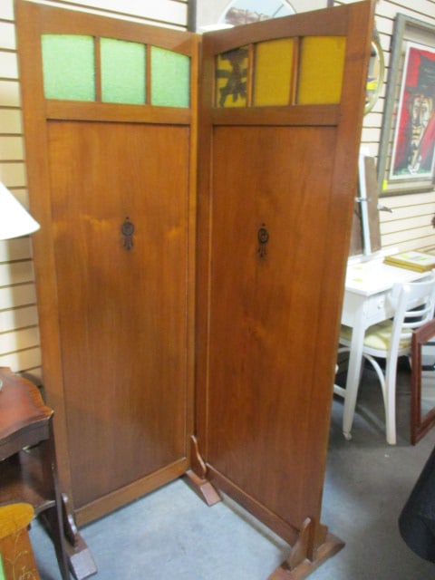 Craftsman Style 2 Panel Folding Screen w/Black Inlay Design: 1 Side has Green Windows, 1 side has yellow/gold windows (each Side-24 x 67)
