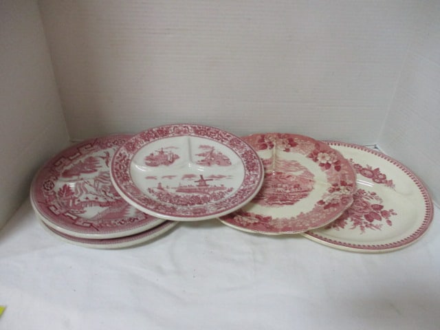McNichol China Divided 9 1/2" Plate, 2 Wellsville Willow Plates 9",: Adams England English Scene Plate 10", & Villeroy & Boch 11" Plate