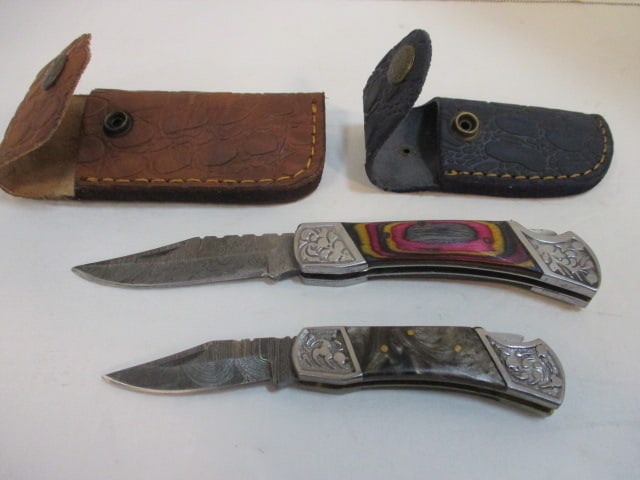 2 Hand-Forged Damascus Steel Folding Pocket Knives with Leather Sheaths (1 of 12)
