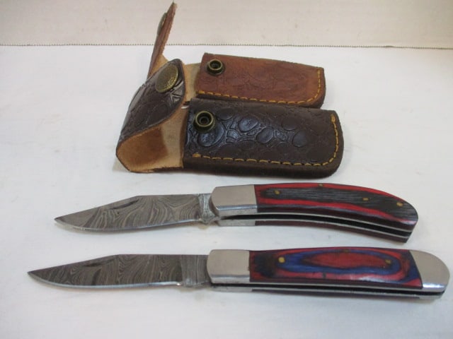 2 Hand-Forged Damascus Steel Folding Pocket Knives with Leather Sheaths (1 of 12)
