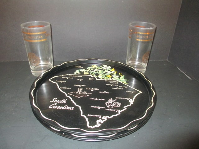 Midcentury "South Carolina" and "North Carolina" Serving Trays and Two South Carolina: Tricentennial Tumblers. (3)11" SC trays, (1)11" NC tray, (2)5 1/2"h tumblers