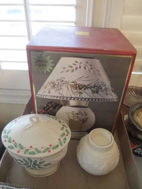 Lenox "Etchings" Candle Lamp in Original Box, "Holiday" Covered Candy Dish and (1 of 6)