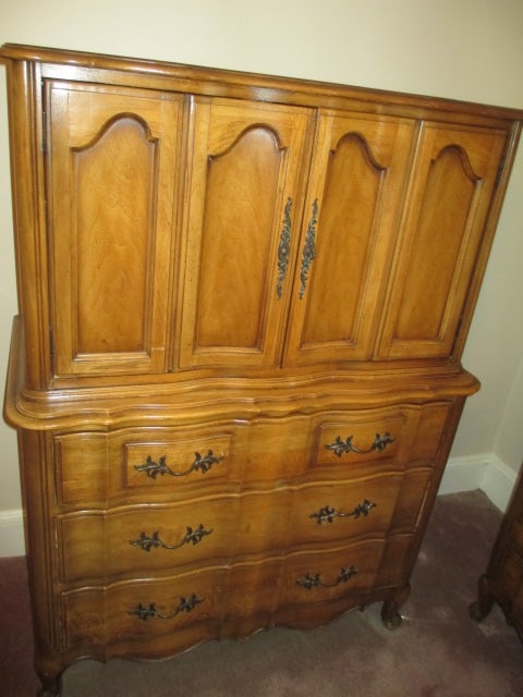 Thomasville French Provincial Armoire: 40" x 19 1/2" x 54 1/2", upper section has dividers and two dovetail pullout drawers, lower section has three dovetail drawers, some scuffs and scratches, Local Pickup Only