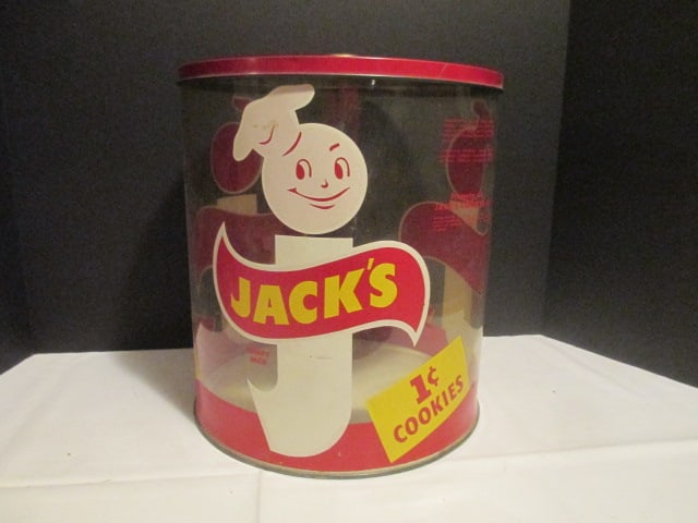 Vintage "Jack's 1 cent Cookies" General Store Countertop Jar: 10 3/4"dia x 12 1/2"h, metal lid, plastic film body has dent from storage