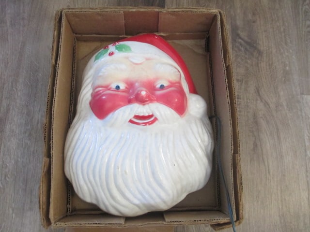 Midcentury Noma Christmas Tree Lighting Hard Plastic Blow Mold Lite-Up Santa Face in Original Box: 12"w x 15", works, has crack on lower right side beard, No. 551, Indoor/Outdoor use