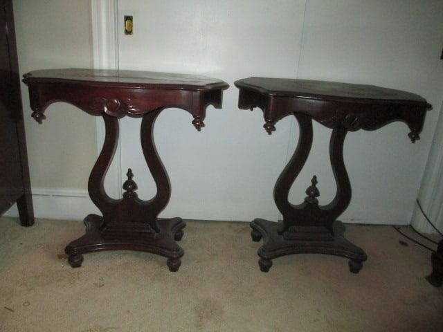 Pair of Vintage Mahogany Harp Base Turtle Top Side Tables: 28" x 20" x 28 1/2", finish wear and water marks on tops, some scratches-see pictures and preview, Local Pickup Only