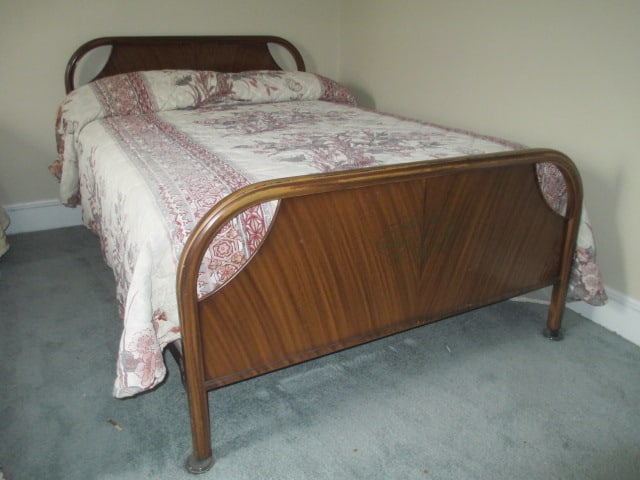 Midcentury Full Size Metal Bed with Printed Mahogany Wood Grain and Gold Decal Accent (1 of 7)