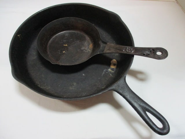 Vintage Cast Iron Skillet and Small Metal Fry Pan: 6" and 11"