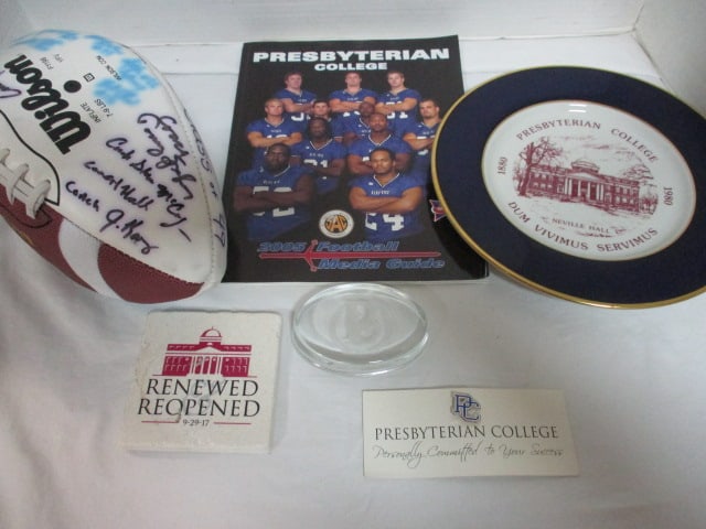 Presbyterian College Lot - Signed Football, 2005 Football Program, 1980: Commemorative Plate, Paperweight, Lapel Pin, and Coaster, see pictures and preview for selection and signatures