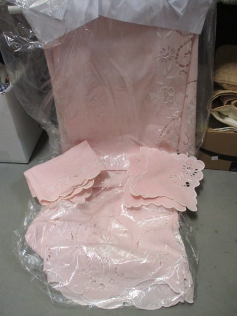 Vintage Pink Linen Embroidered Tablecloth and Napkins and Cream Linen: Embroidered Table Runner