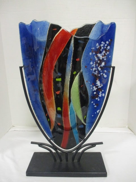 Handpainted and Fused Glass Art Vase with Black Metal Stand: 19"