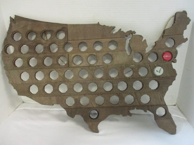 United States Wood Map Bottle Cap Wall Hanging with 3 Bottle Caps (1 of 5)