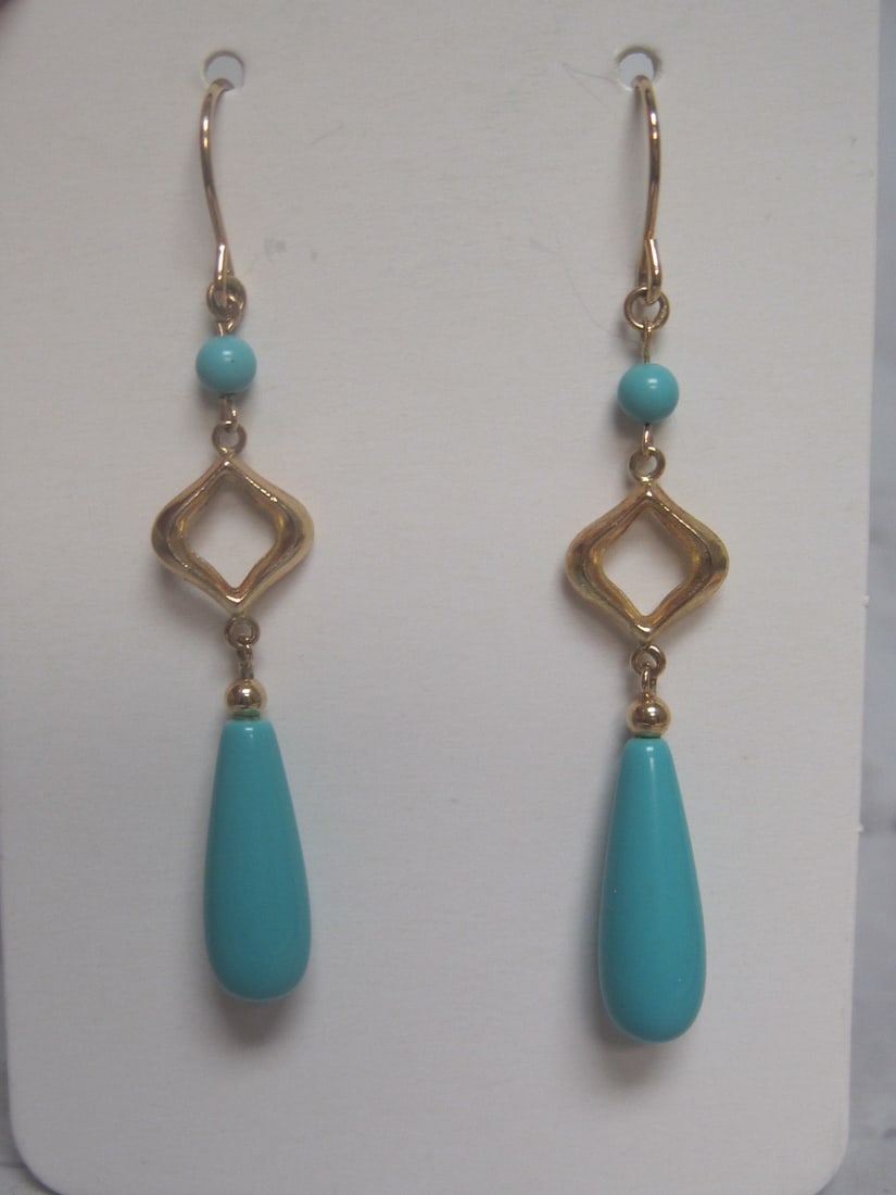 14k Gold Turquoise Earrings: Weighs 2.4 grams, 2" long
