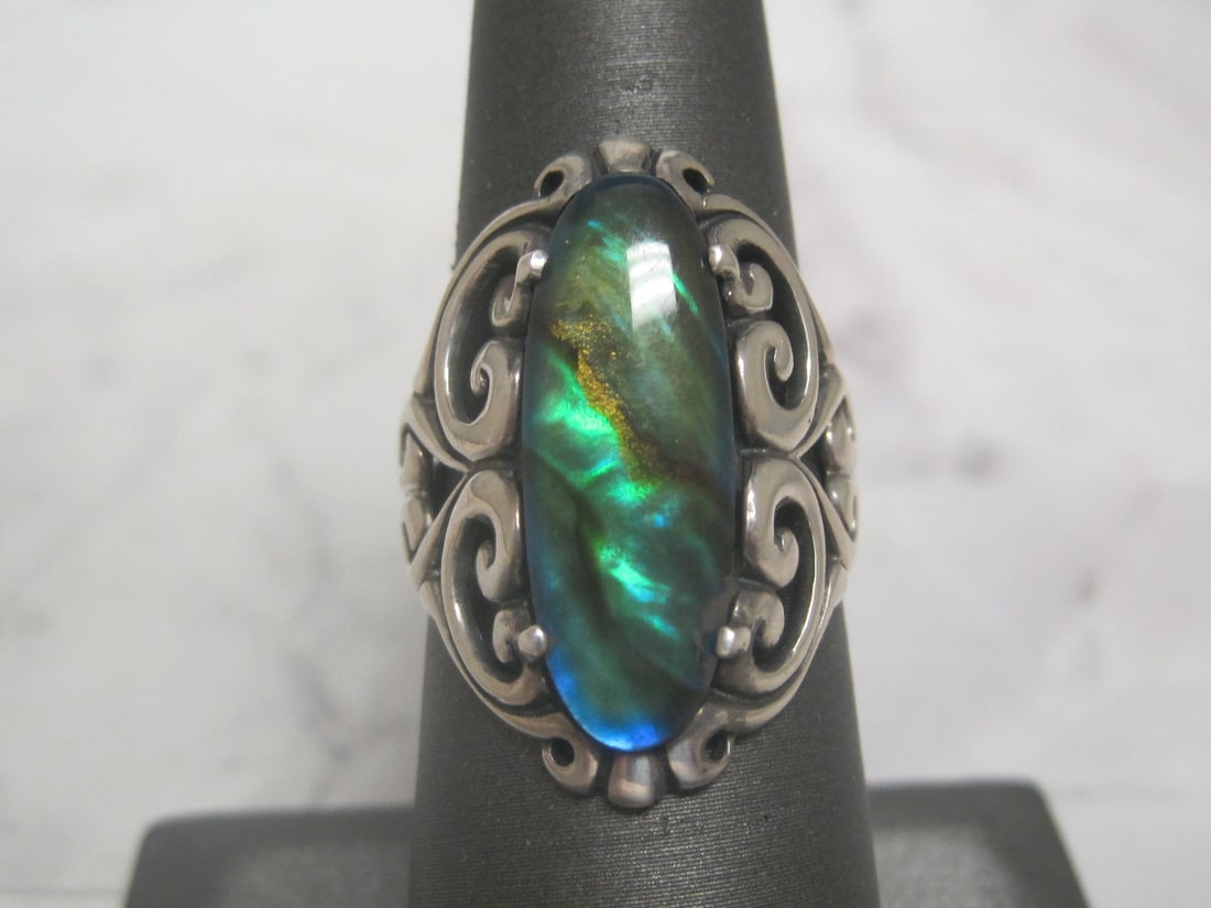 Sterling Silver Fancy Abalone Ring: Size 7, Vivid colors, openwork setting