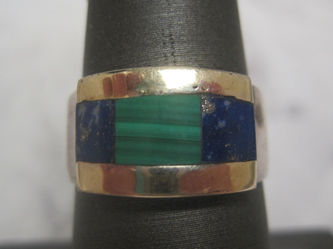 Sterling Silver Malachite & Lapis Ring: Size 7 3/4