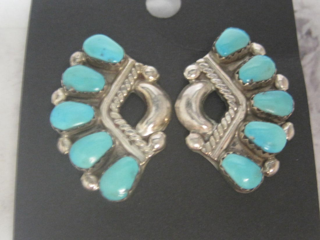 Sterling Silver Navajo Turquoise Clip Earrings: Vintage, Signed LH