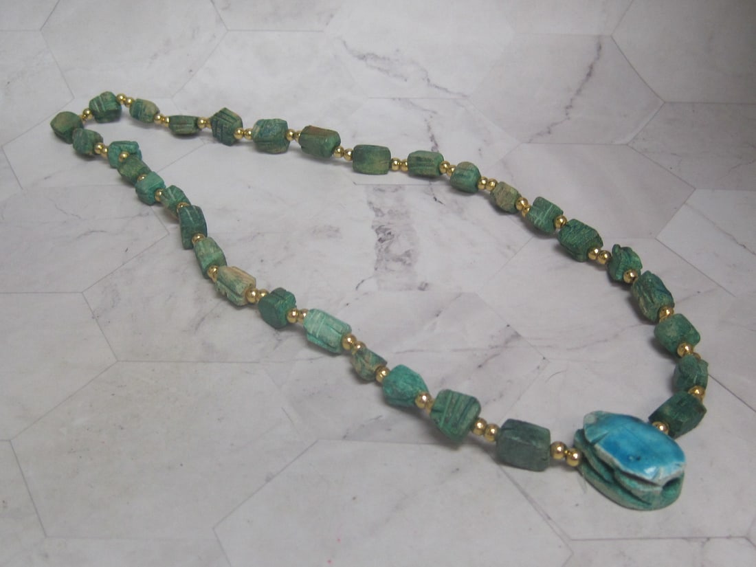 Vintage Egyptian Scarab Necklace: 24" long, Pottery & gold beads