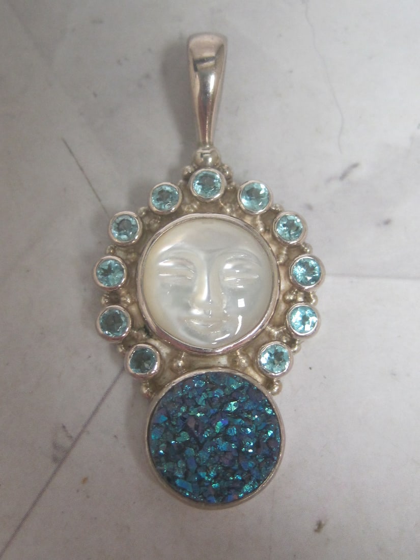 Sterling Silver Carved Moonstone Face with Blue Topaz & Druzy Pendant: Weighs 8 grams