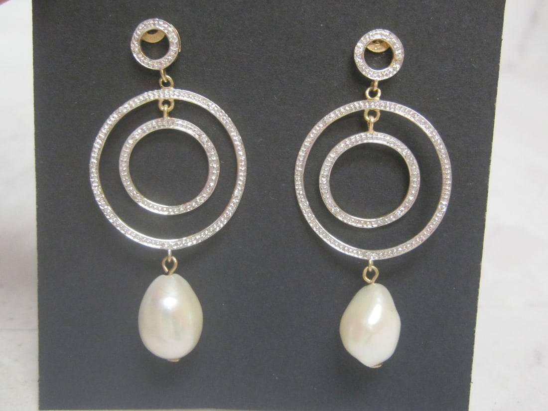 14k Gold Large Diamond & Pearl Earrings: Weighs 5.8 grams, 1 3/4" long, Circular designs & dangling pearls