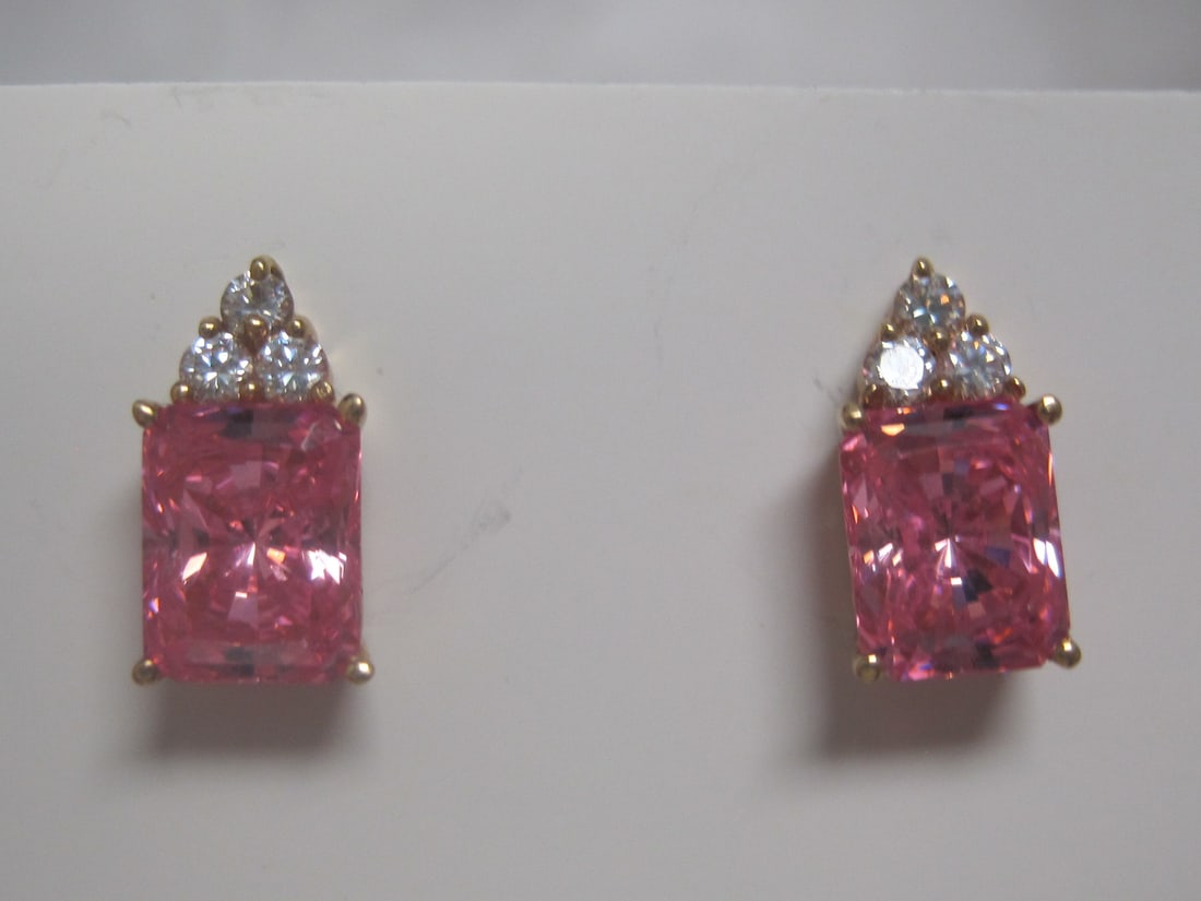 14k Gold "Pink Ice" CZ Pierced Earrings: Weighs 3.9 grams, Vivid rectangular stones with clear round stones above