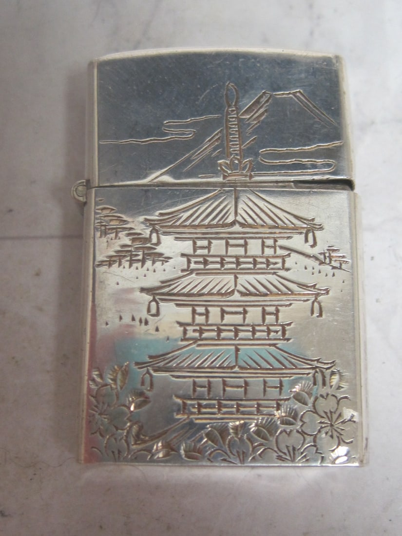 Sterling Silver Vintage Lighter: Japanese engraving with pagoda & Mt. Fuji