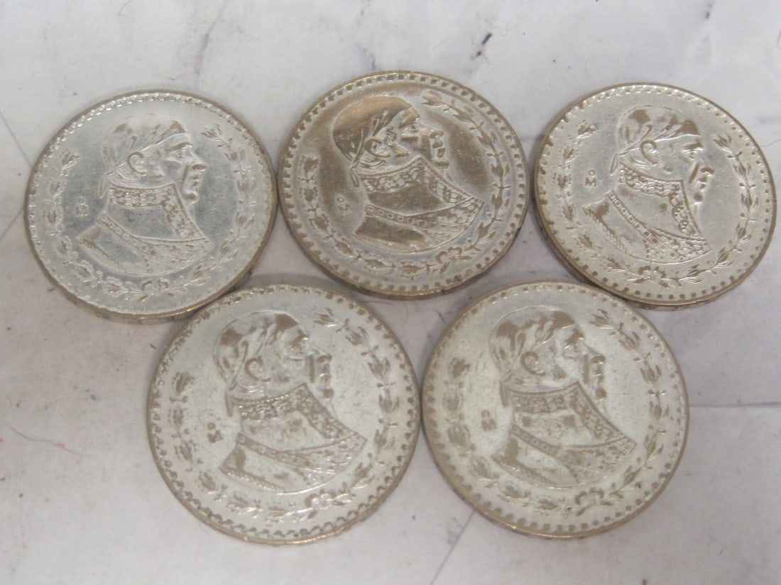 Lot of 5 Mexico Silver One Peso Coins (1 of 3)
