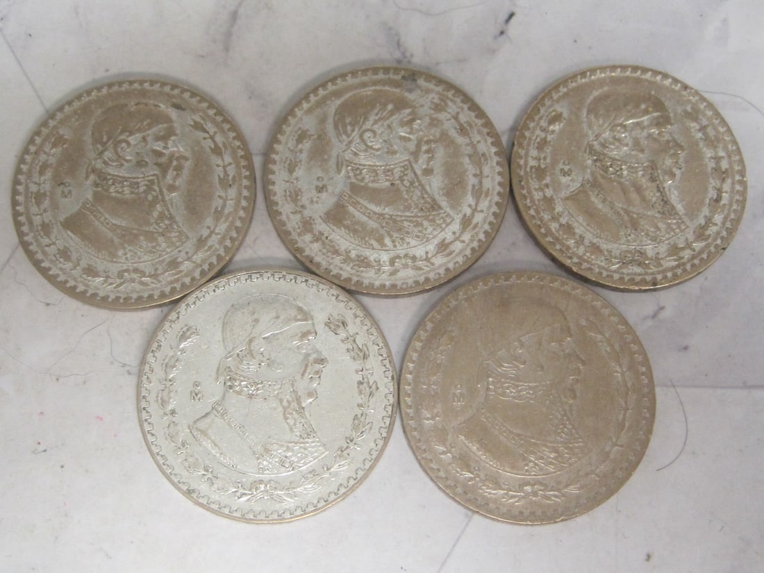 Lot of 5 Mexico Silver One Peso Coins (1 of 3)