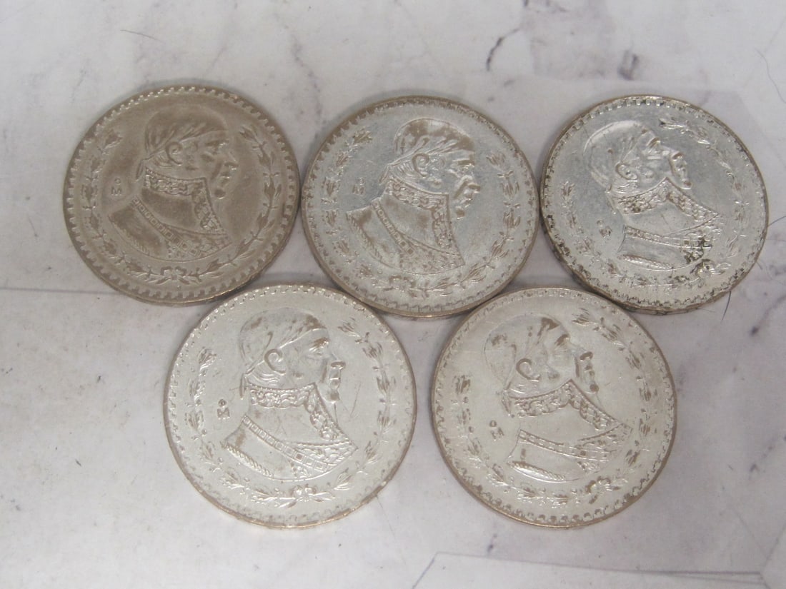 Lot of 5 Mexico Silver One Peso Coins (1 of 3)