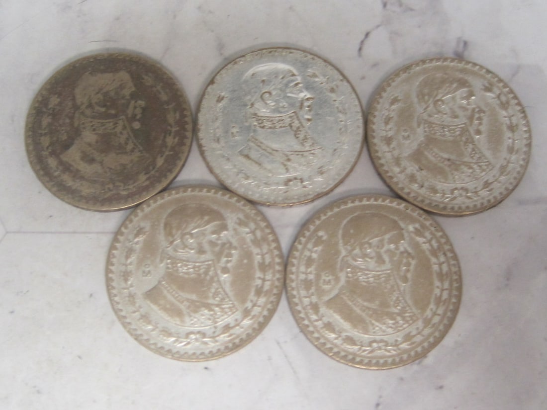 Lot of 5 Mexico Silver One Peso Coins (1 of 3)