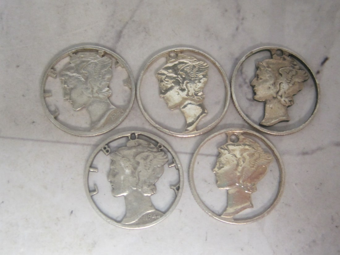 Lot of 5 1940's Mercury Dime Cut-Outs (1 of 3)