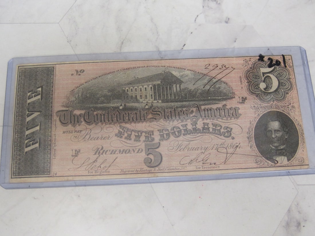 1864 Confederate $5 Civil War Currency (1 of 2)