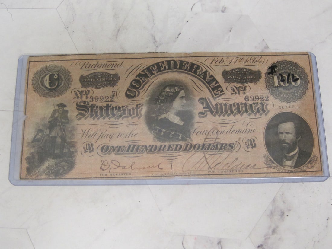 1864 Confederate $100 Civil War Currency (1 of 2)