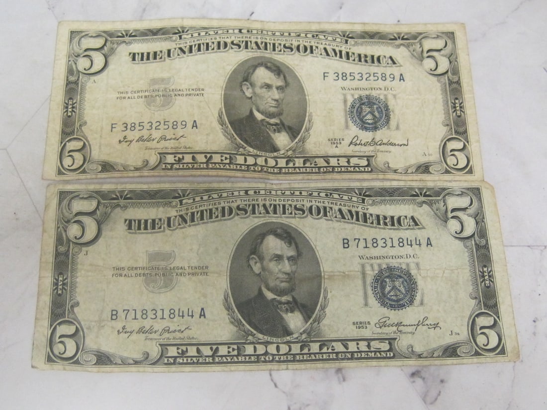 Lot of 2 1953 $5 Blue Seal Silver Certificates (1 of 4)