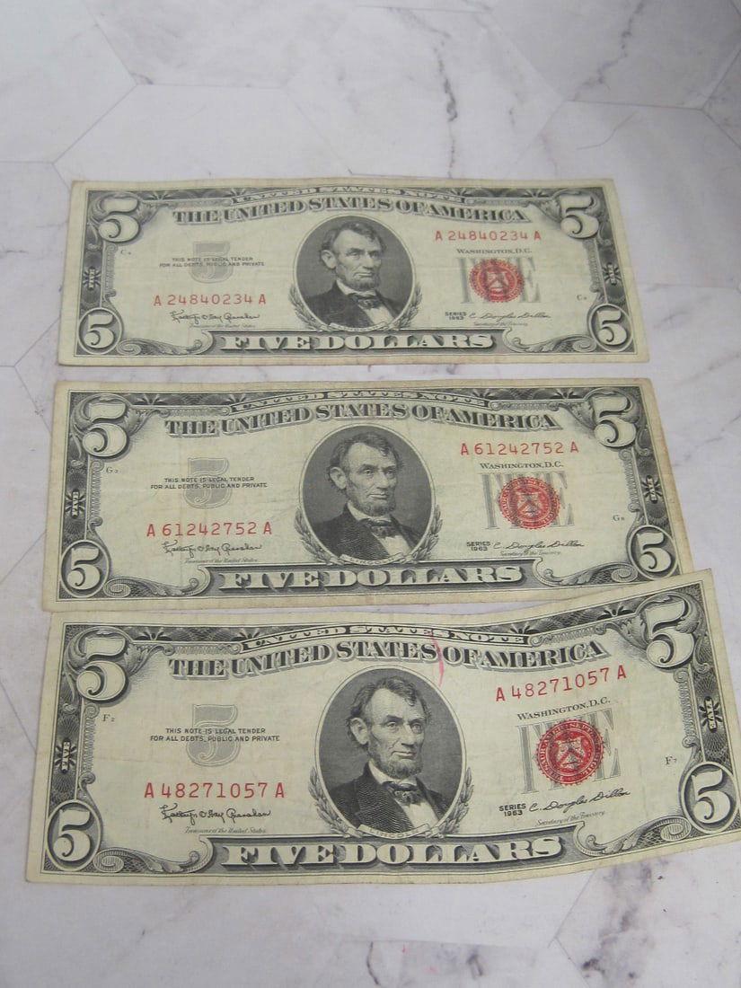Lot of 3 1963 $5 Red Seal United States Notes (1 of 4)