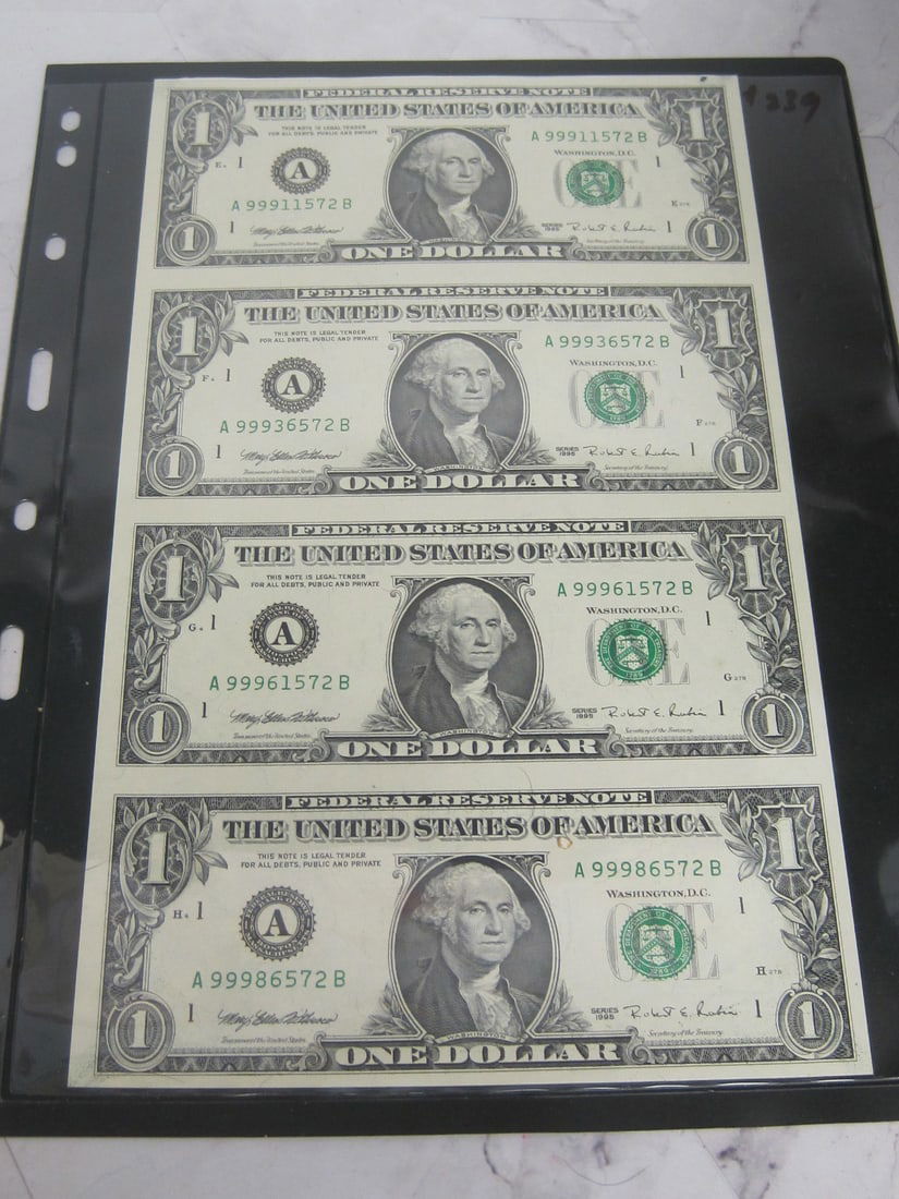 Uncut Sheet of 4 US $1 Bills (1 of 3)