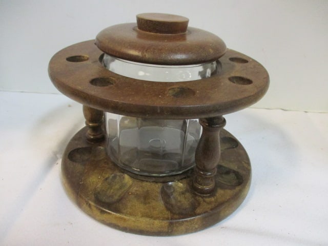 Round Tobacco Pipe Stand w/Glass Humidor Jar: 8" Diam. X 7" H 