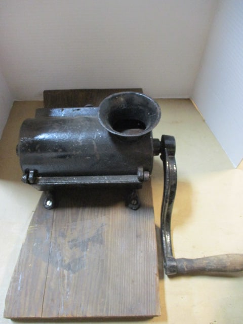 Antique Cast Iron Meat Grinder on Wood: .