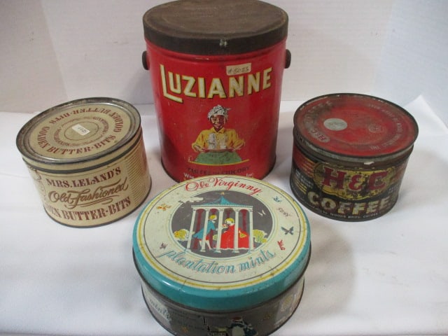 4 Collectible Tins-H&C Coffee by Woods Bros., Luzianne Coffee,: Old Virginny Mints & Mrs. Lelands Old Fashioned Butter Bits