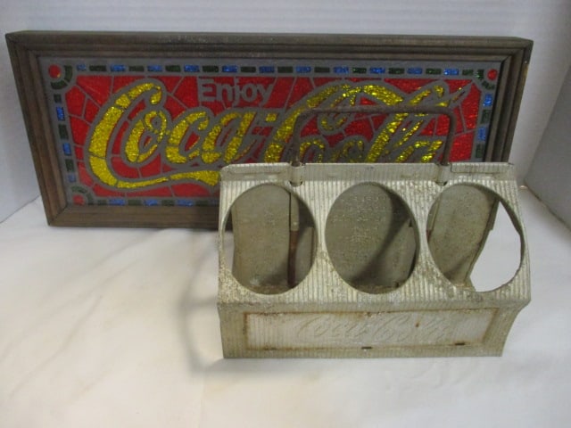 Coca Cola Wall Sign (16 1/2 x 7) & Coca Cola 6PK Carrier: Sign is cracked & Carrier is dented 