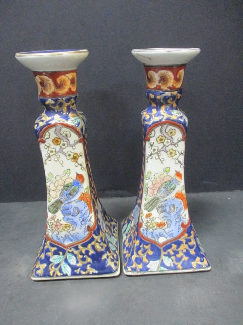 Handpainted Vintage Porcelain Oriental Candleholders (PR) (1 of 6)