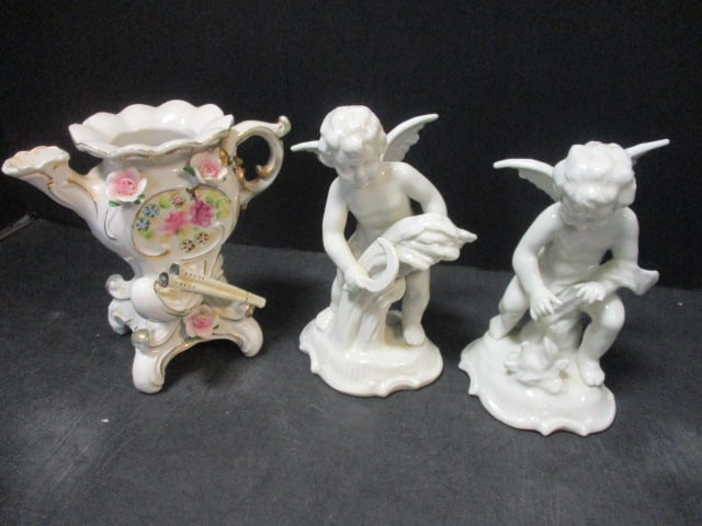 Dresden (Lot of 2) Cherub Figurines (5 1/2") Germany, &: Porcelain Floral Handpainted Creamer 5"