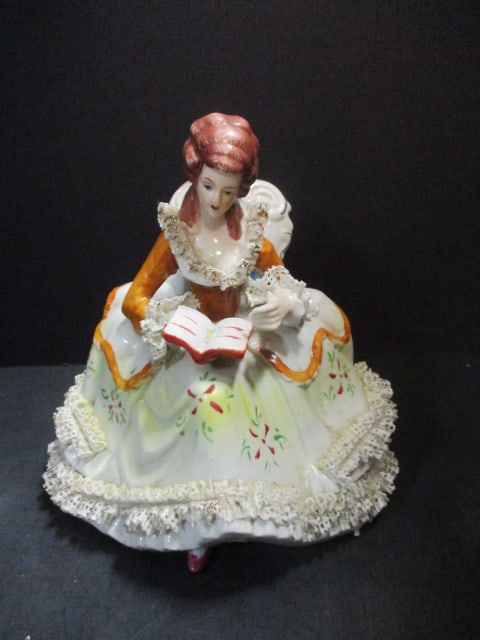 Dresden Lace Porcelain Figure of Woan Reading (6 1/2"): Missing Thumb & some chips on lace at bottom 