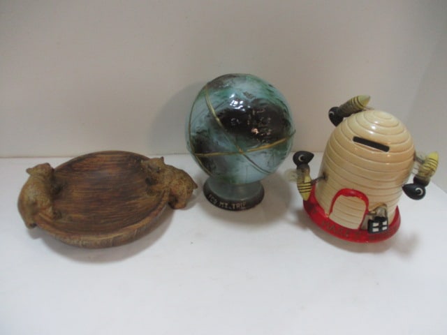 Bear Bowl (6"), Billy Bee Honey Bank 5 1/2" (2018), &: World Globe Bank (6") 
