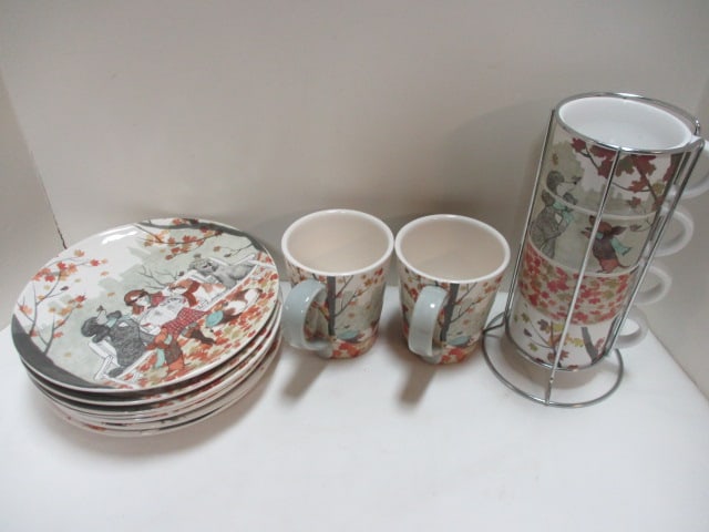 Pier 1 Harvest Plates, Cups & Mug Set: 7 (9") Plates, 2 (5") Mugs, 1 Stackable Mugs Set 