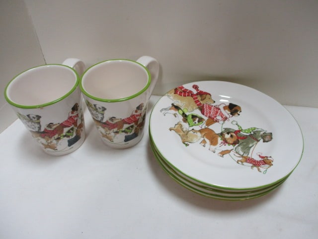 Pier 1 Park Avenue Puppies Winter Set: 4 (8 1/2") Plates, 2 (5") Mugs 
