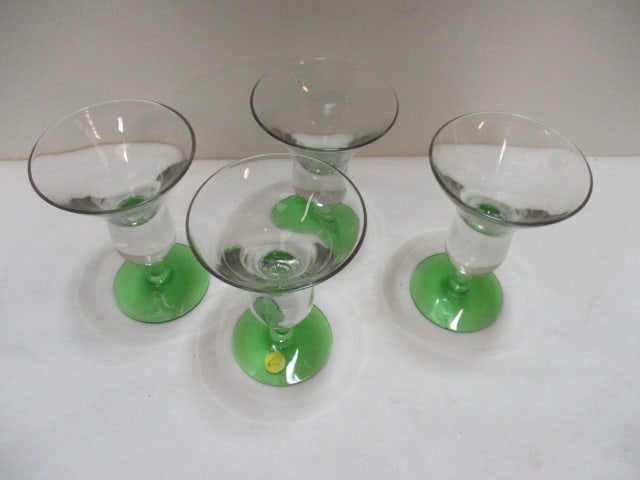 Handblown Green & Clear Cordial Set (Lot of 4): 5" 