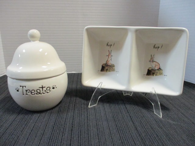 Rae Dunn Divided Artisan Dish (8 x 5) & Dog Treat Jar: .