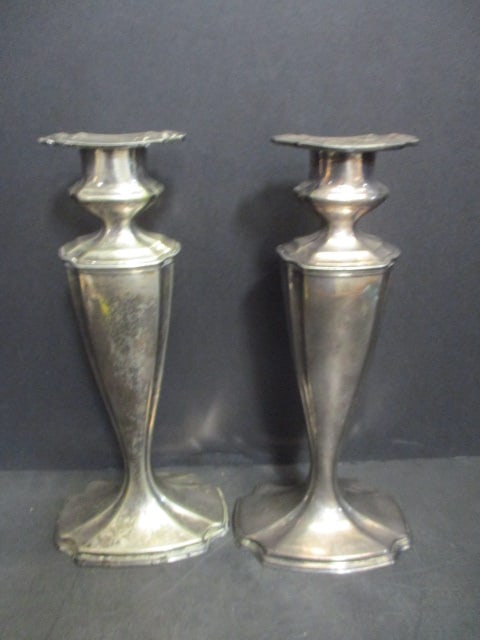 Pair of Vintage Hepplewhite Nickel Silver Electroplate Candle Holders: 10" each 